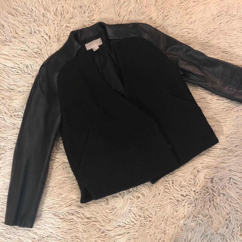 Boxy Wool Bouclé Blazer Jacket w Leather Sleeves